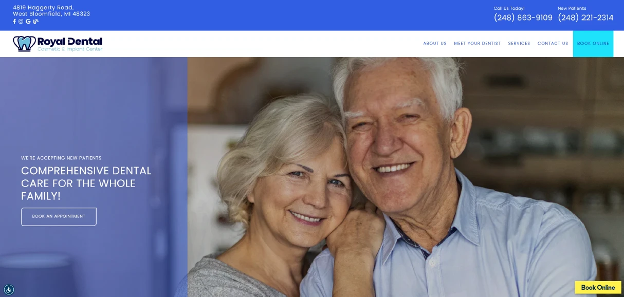 Royal Dental Center's old homepage: a blue header, a generic photo of a smiling older couple and the line Comprehensive dental care for the whole family.